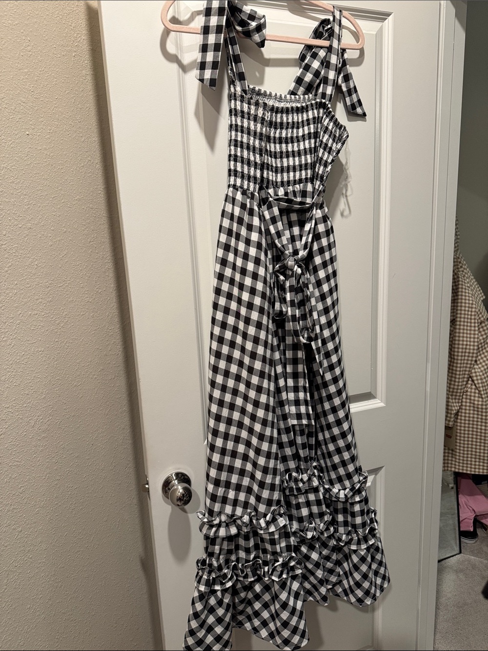Smocked Black & White Gingham Maxi Dress with Tie Straps